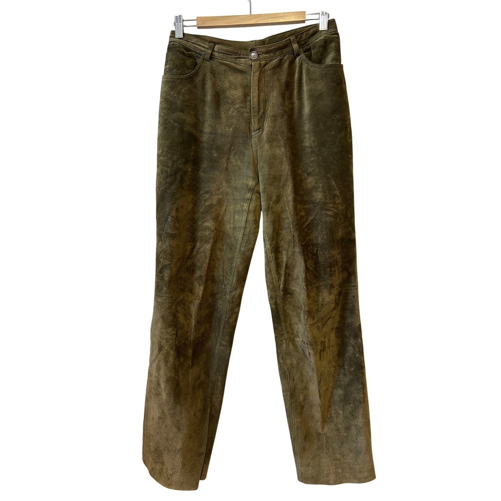 Vintage Brandon Thomas Suede Leather Pants Size 10 Olive Green Straight Leg Soft